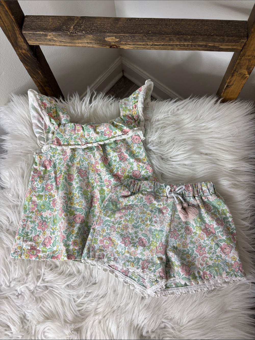Flapdoodles Pink & Green Floral High-Waist Two-Piece Set Size 18M